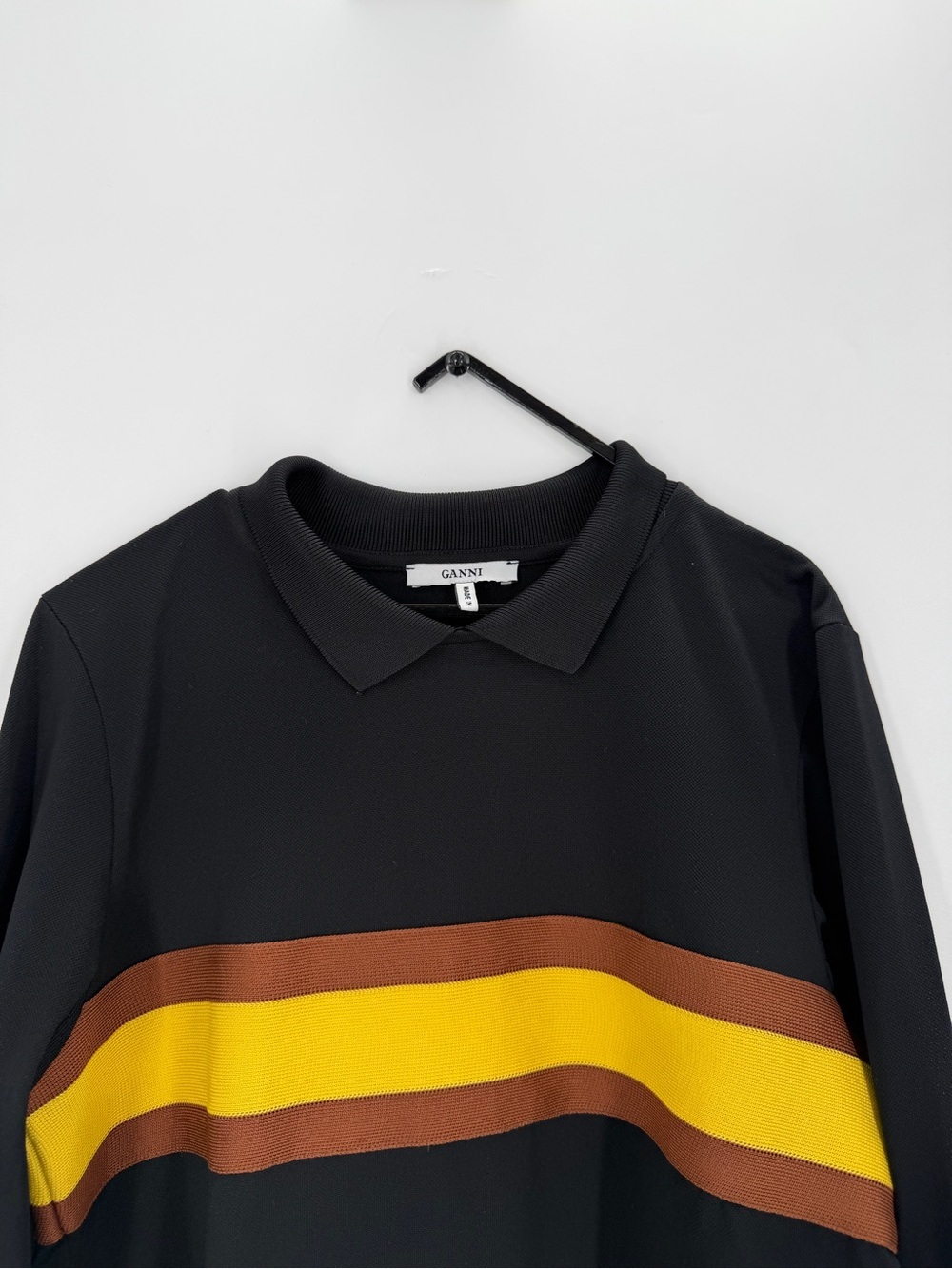 Ganni Dubois Polo Collared Striped Long Sleeve Blouse In Black